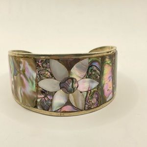 Vintage Alpaca Mexico Floral Cuff, Abalone and Mother of Pearl Inlay